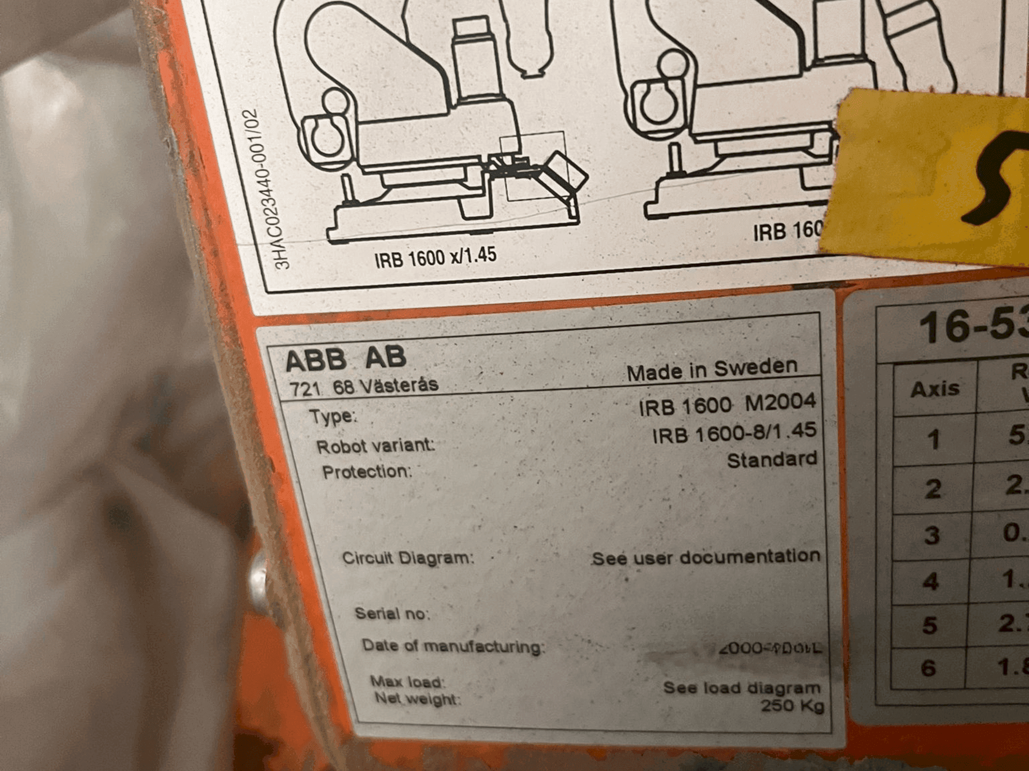 Makine ABB IRB 1600 M2004 - Etiket