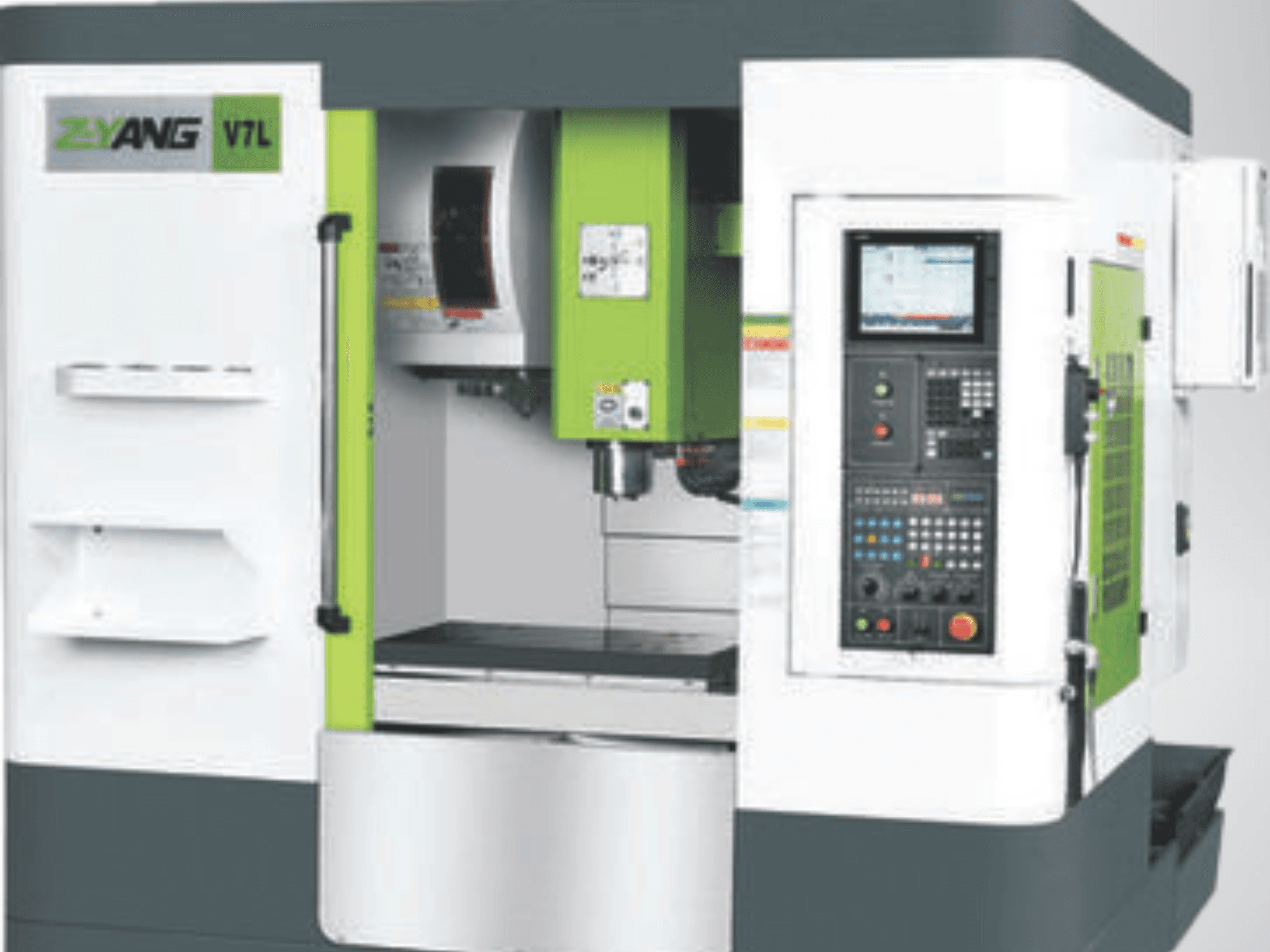 Z-YANG V7L Dikey İşleme Merkezi, kontrol panelini, çalışma alanını ve ayırt edici yeşil ve beyaz tasarımı gösteren önden görünüm.