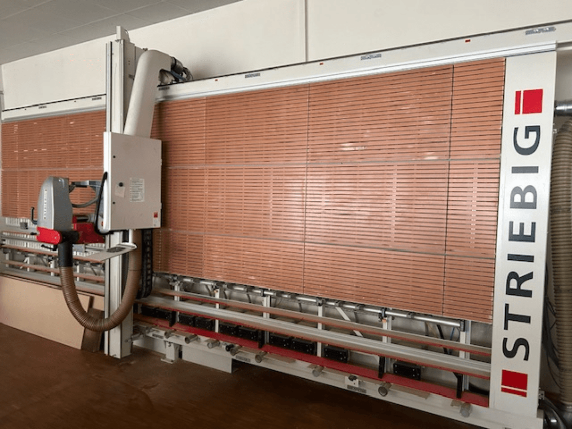 Motorlu kafa, ahşap panel kesme bıçakları ve toz emme sistemine sahip Striebig dikey panel testerenin yandan görünümü.