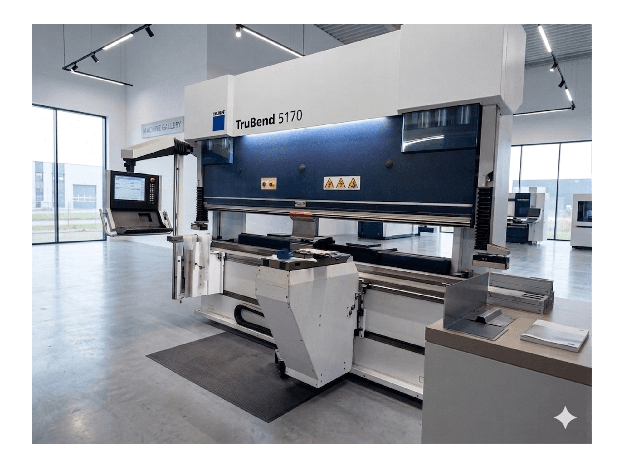 TRUMPF TruBend 5170 abkant pres, kontrol paneli ve büküm tablası ile önden görünüm, modern makina tasarımı.