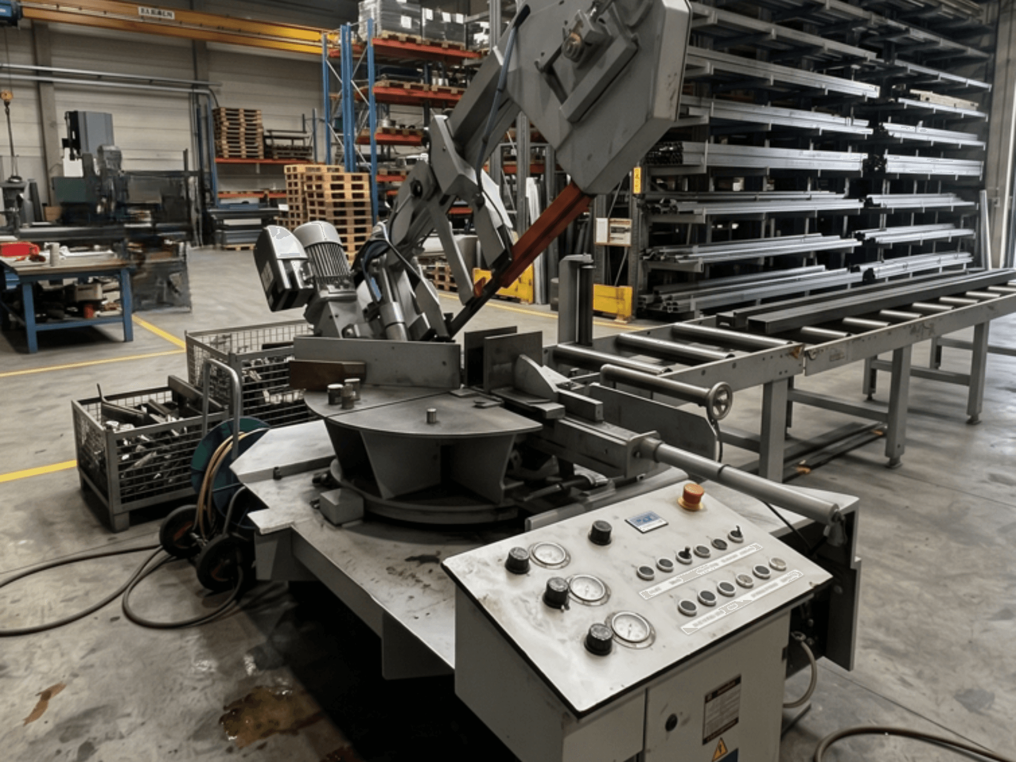 Bir atölyede bulunan MEBA MEBASwing 320 DG metal şerit testere, yandan görünüm; kontrol paneli ve kesme bıçağı görülüyor.
