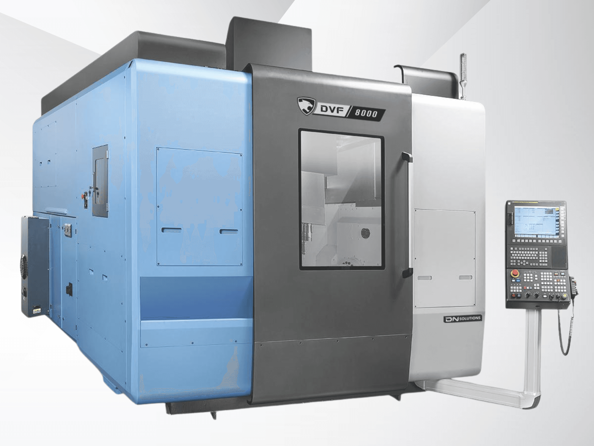 DN SOLUTIONS DVF 8000 Çok Amaçlı İşleme Merkezi, önden görünüm; kontrol paneli ve iki renkli dış tasarımı gösterilmektedir.
