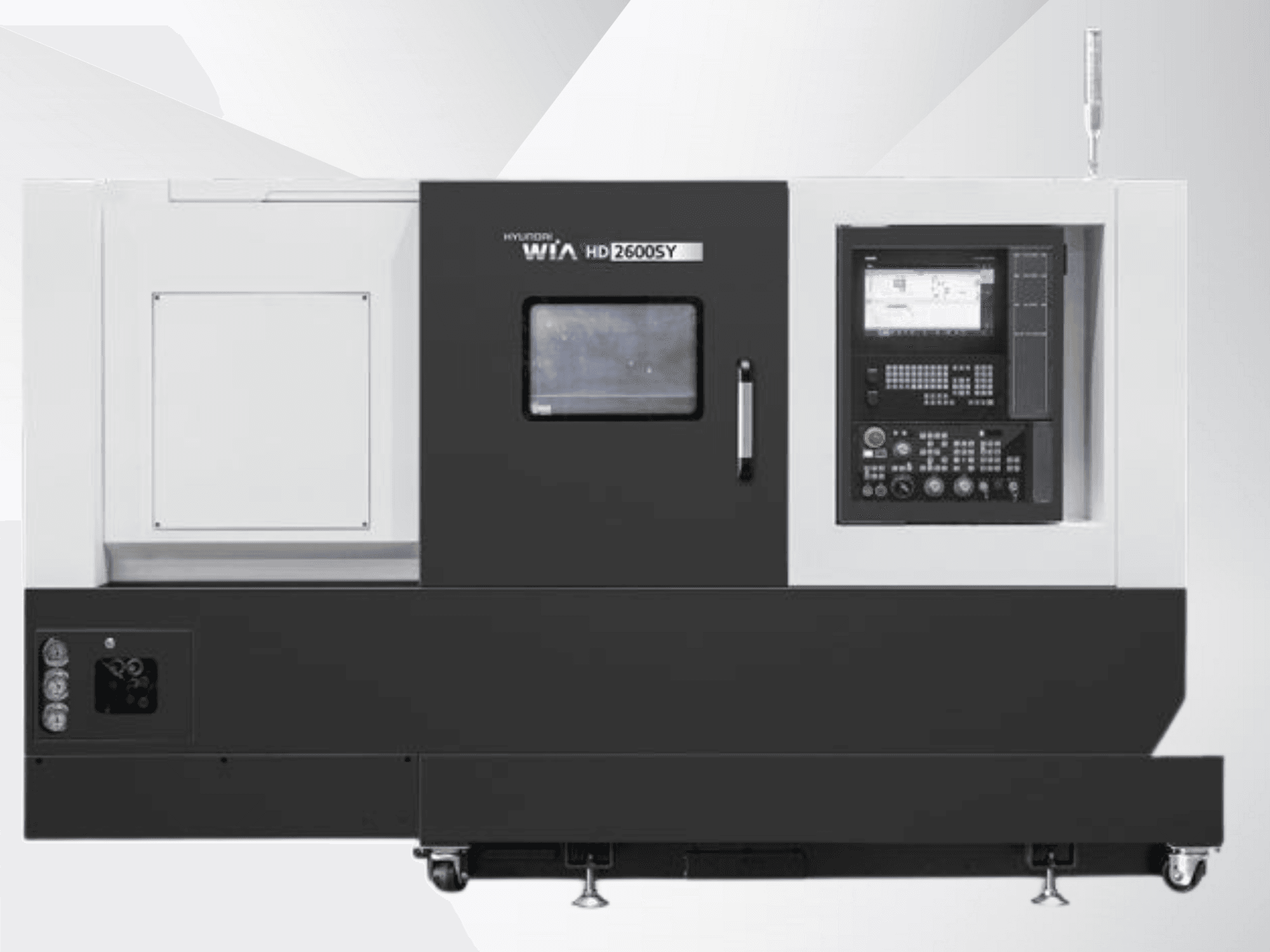 Hyundai WIA HD 2600SY CNC torna tezgahı, önden görünüm; dijital kontrol paneli ve takım depolama alanı içerir, teknik özellikleri sergiler.