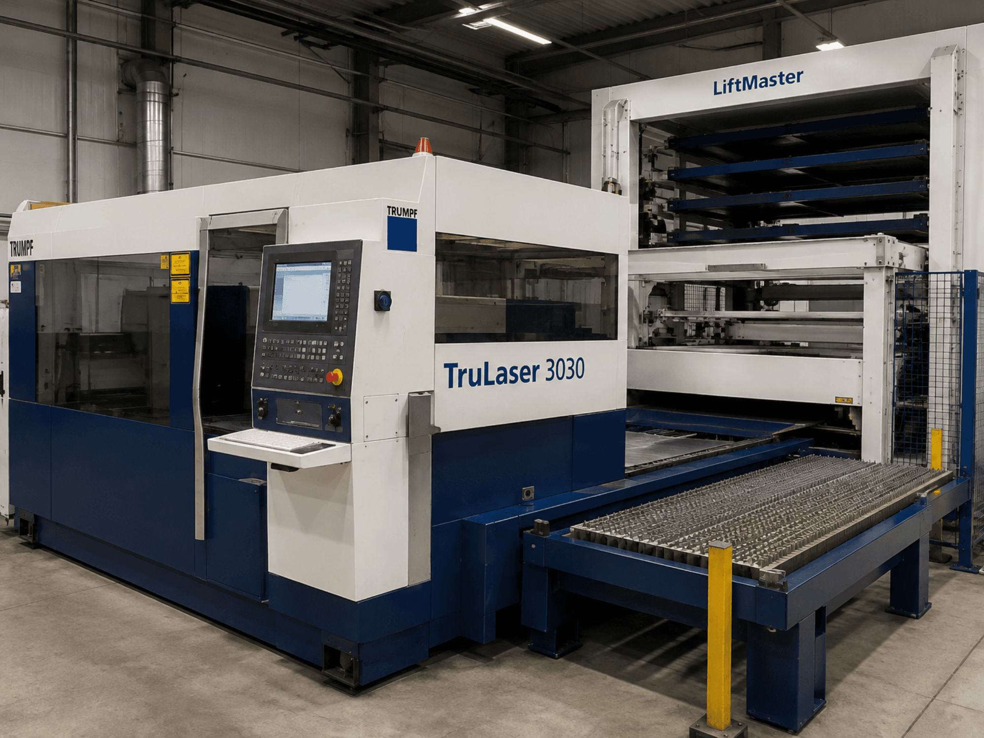 LiftMaster donanımlı TRUMPF TruLaser 3030 CO₂ lazer kesim makinesinin, operatör paneli ve sac tablası ile birlikte ön görünümü.