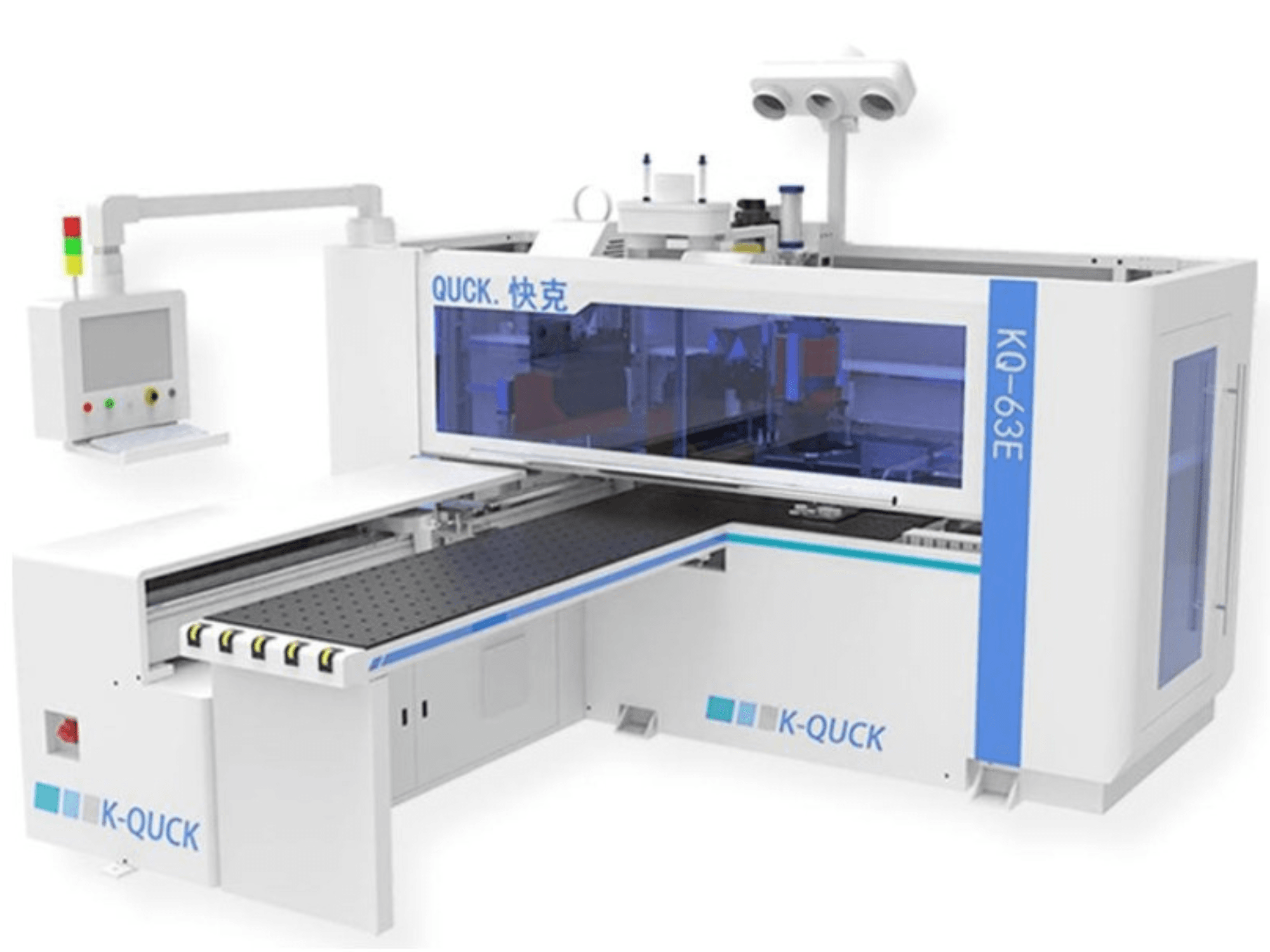 K-QUICK KQ-63E makinesi, önden görünüm, kontrol paneli, şeffaf gövde ve çoklu silindirli düz bir konveyöre sahiptir.