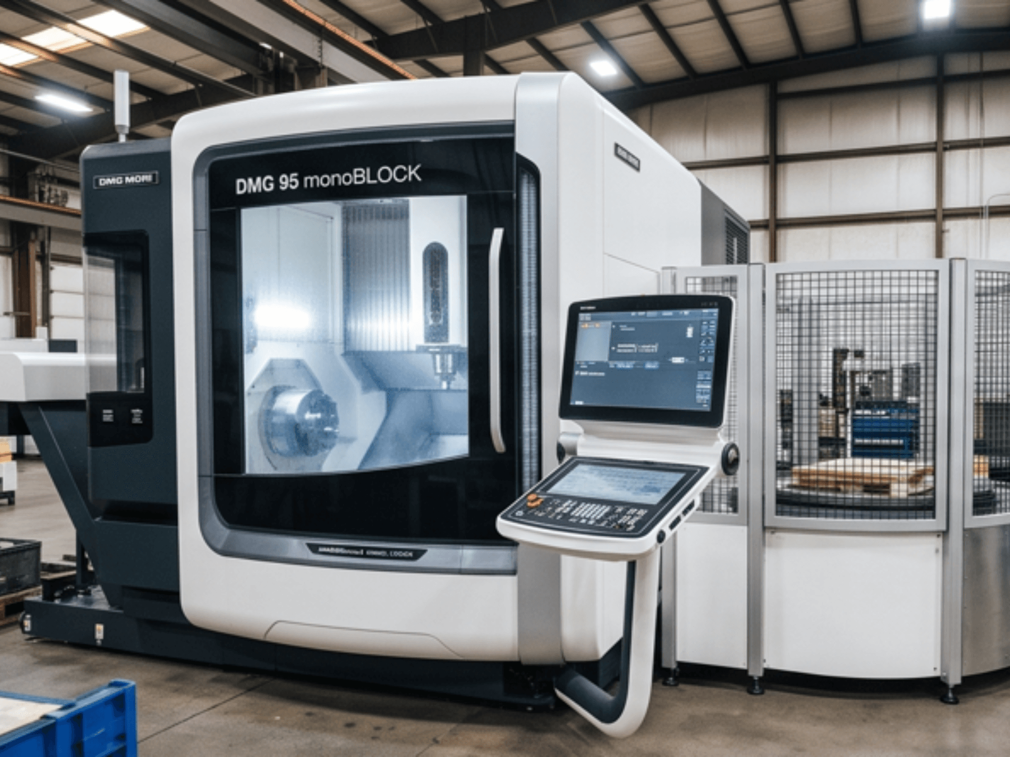 DMG MORI DMC 95 monoBLOCK dikey işleme merkezi, önden görünüm; kontrol paneli ve güvenlik muhafazası ile birlikte.