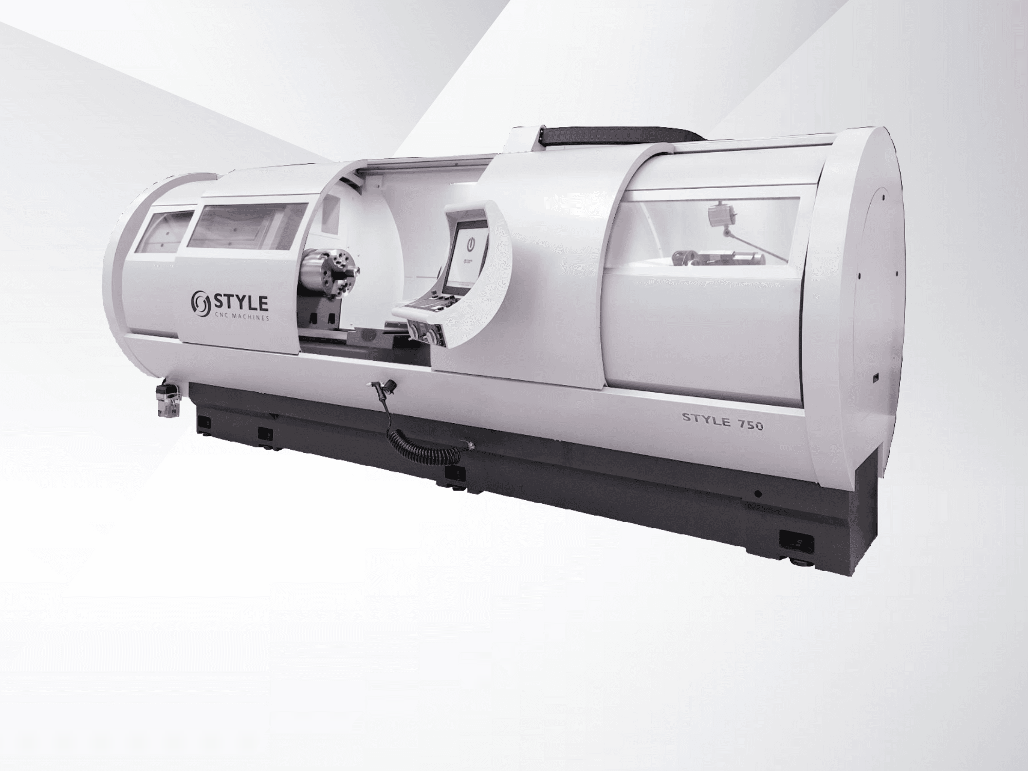 STYLE 750 CNC torna makinesi, önden görünüm, geniş pencere, kontrol paneli ve gelişmiş işleme için hassas mekanik özelliklere sahiptir.