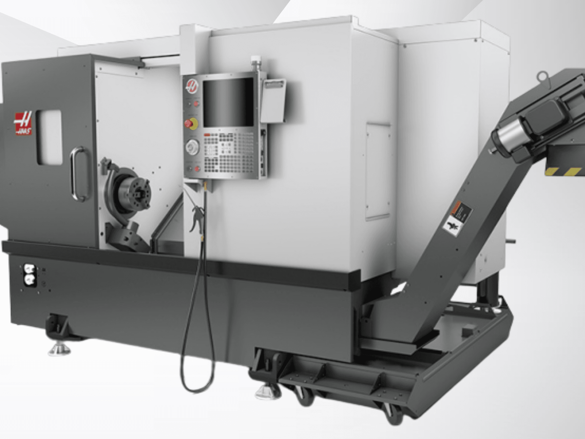 Haas ST-20 yatay torna tezgahı; kontrol paneli, iş mili ve talaş taşıyıcı tasarımını gösteren önden görünüm.