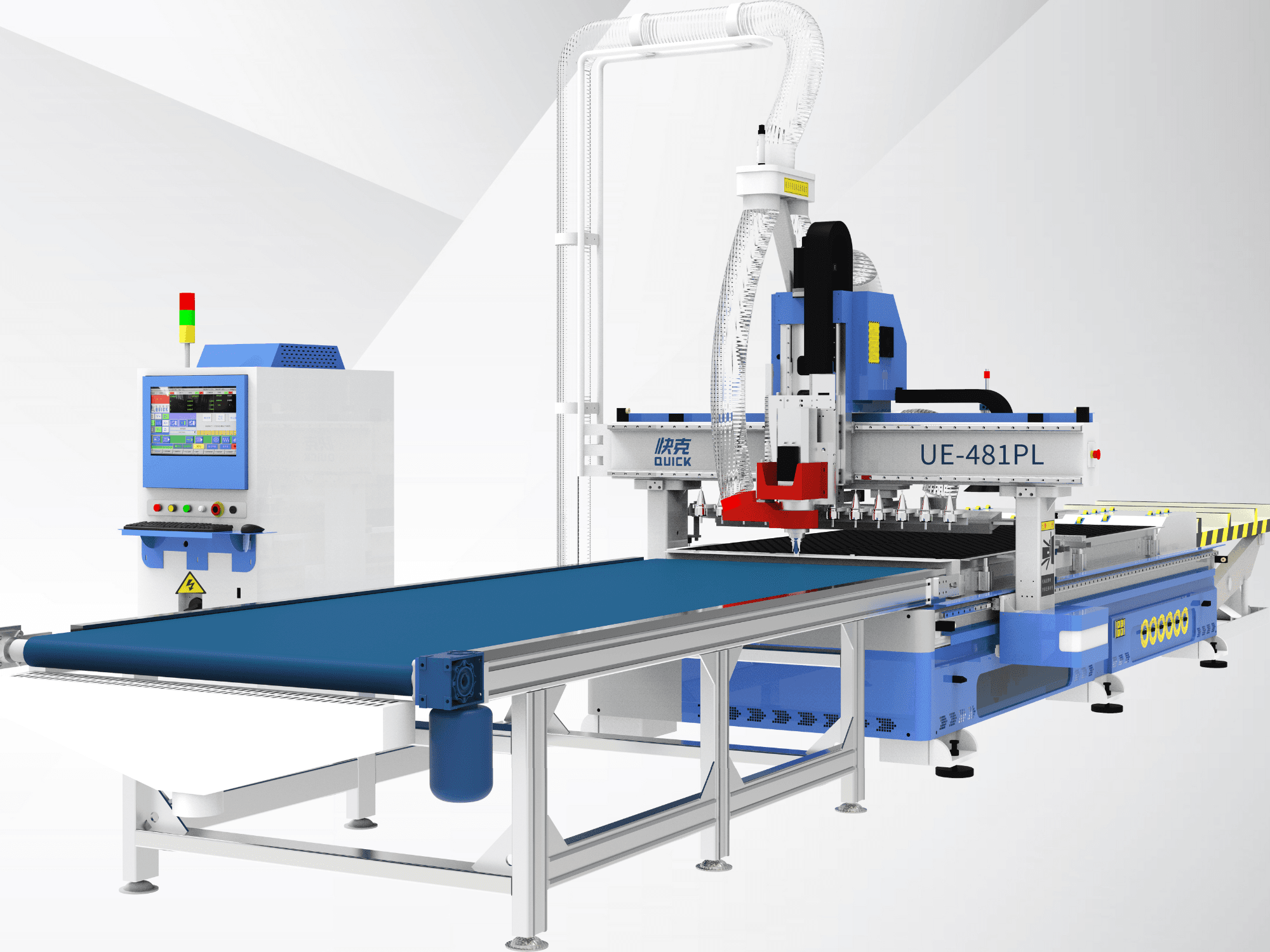 Dokunmatik ekran kontrollü Blue Quick UE-481PL CNC makinesi, önden görünüm, bir konveyör bandı ve çoklu kesme kafaları.