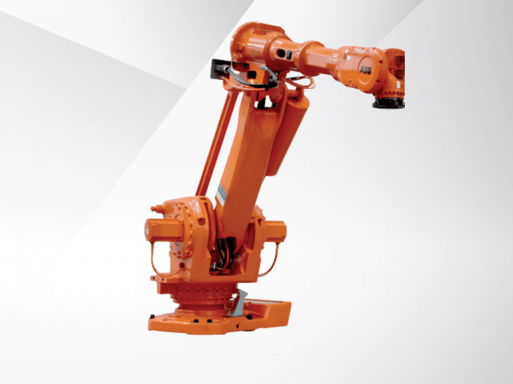 Turuncu renkli ABB IRB 6650S-90/3.9 robot kolu, yandan görünüm; endüstriyel otomasyon amaçlı eklemleri ve tabanı gösterilmektedir.