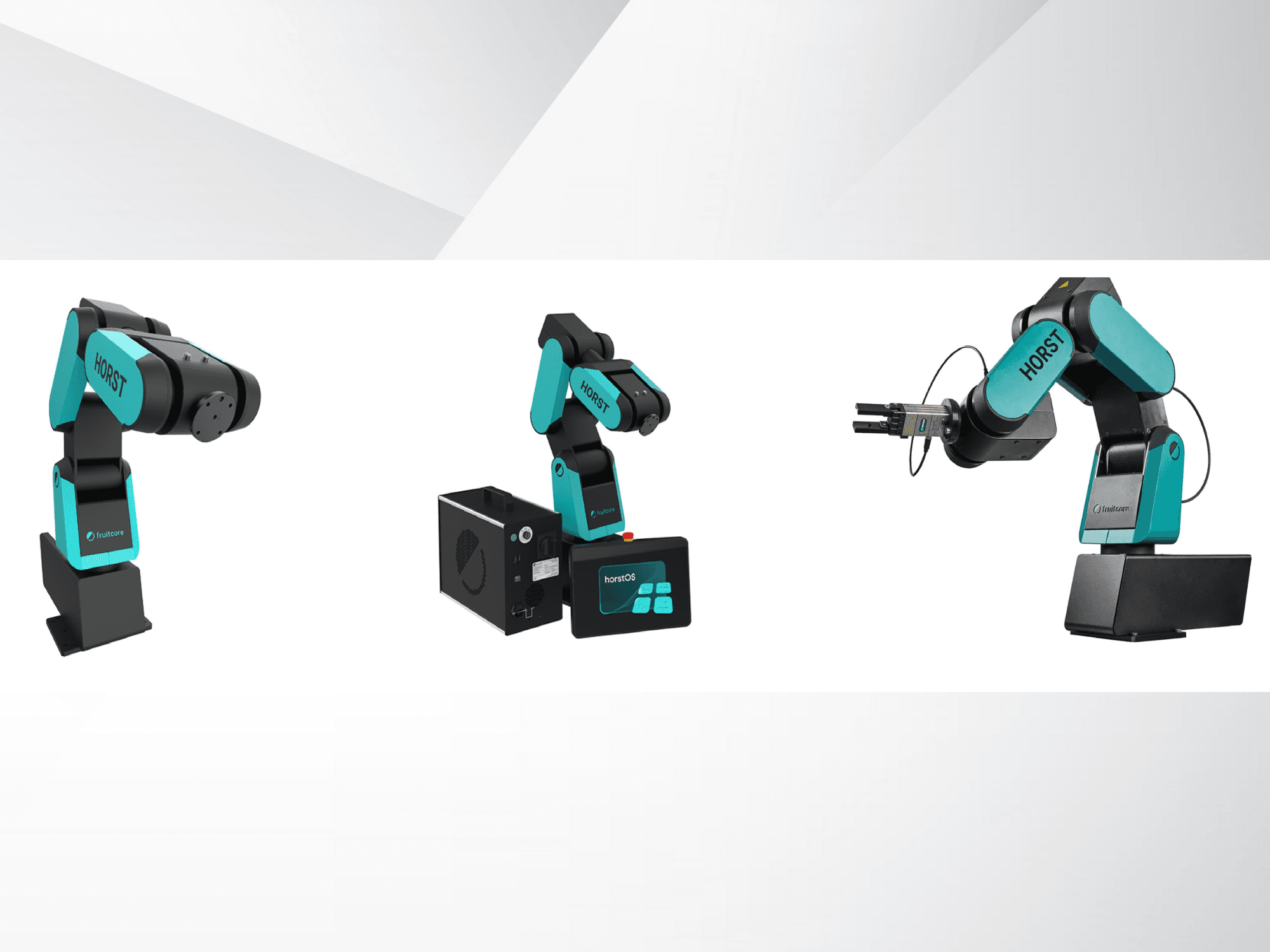 Fruitcore'un Horst robotik kolunun siyah ve deniz mavisi tasarımını, kontrol panelini ve tutucu eklentisini vurgulayan üç görünümü.