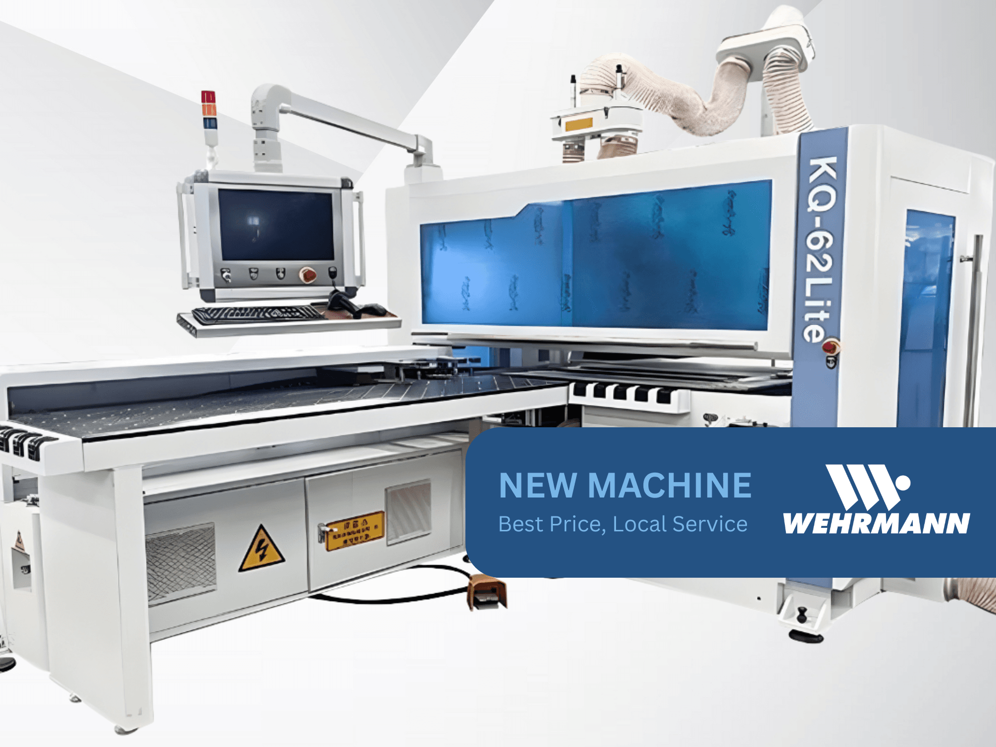 Wehrmann KQ-62Lite CNC makinesi, önden görünüm, dijital ekran, kontrol paneli ve güvenlik uyarı işaretli konveyör bandı.