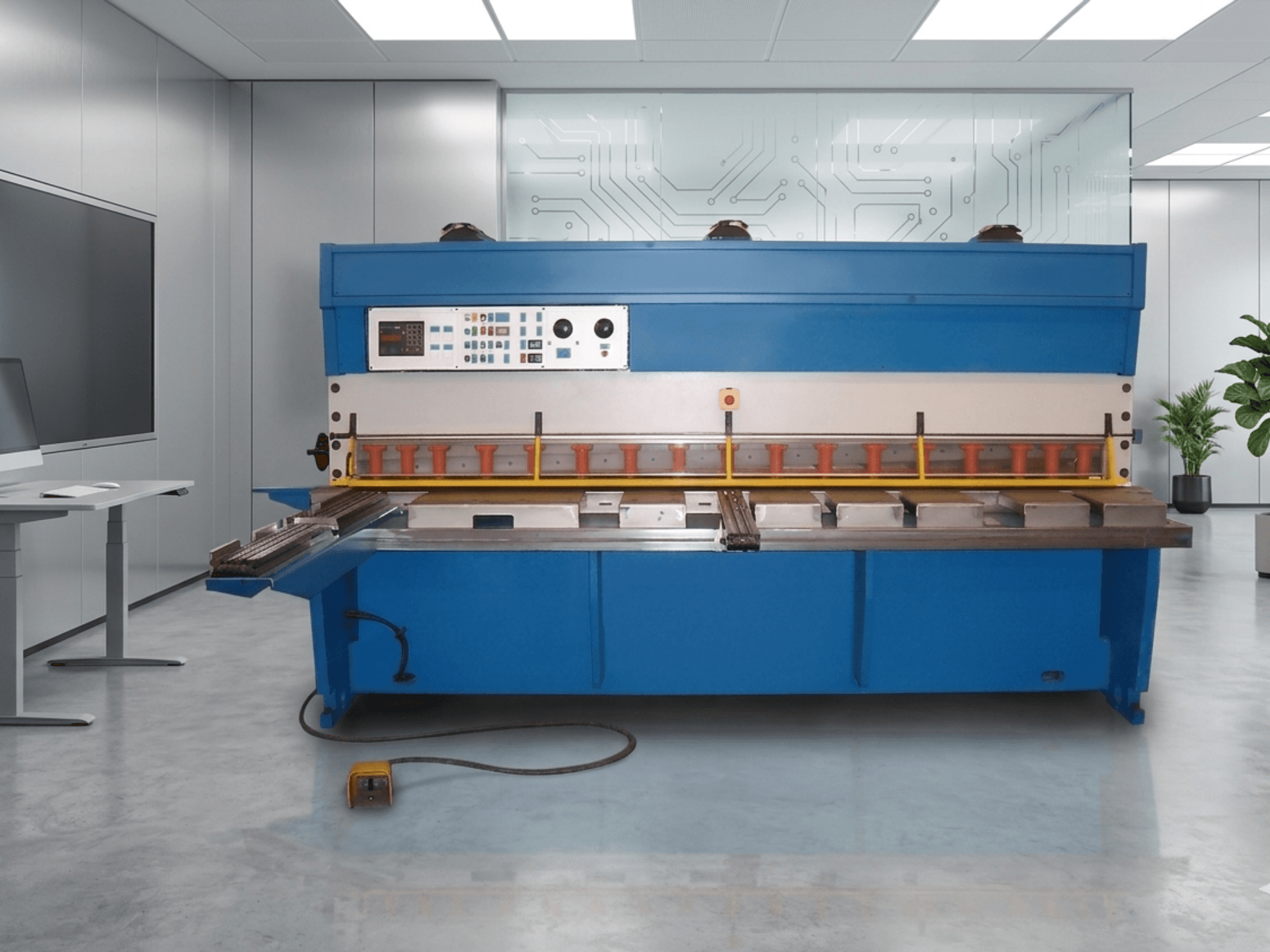 GASPARINI CO 3006 hidrolik kesme makinesi, önden görünüm, kontrol paneli ve metal kesme alanı, modern bir çalışma alanında.