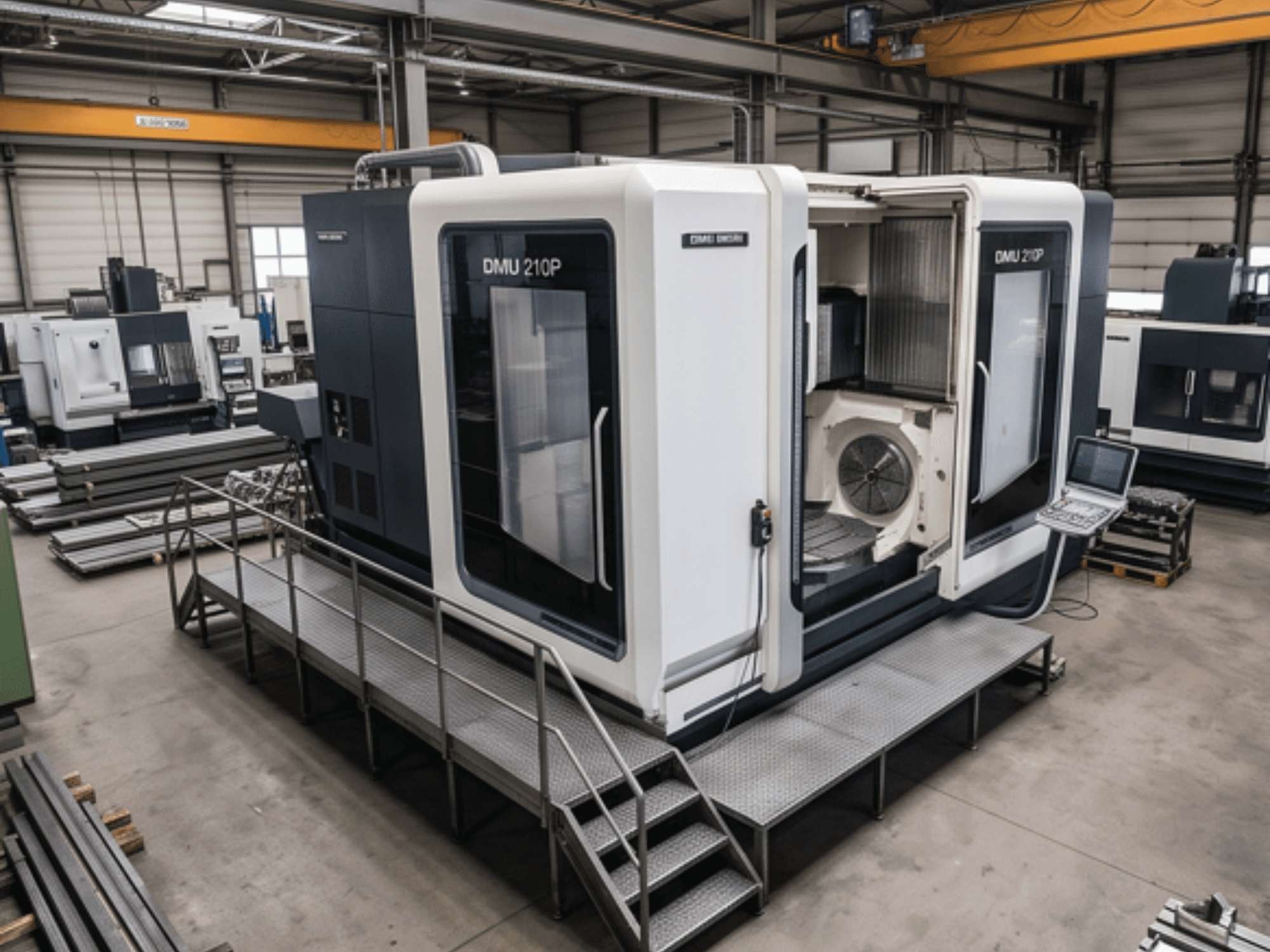 Bir atölyede bulunan DMG MORI DMU 210P Evrensel İşleme Merkezi; kontrol paneli ve erişim platformunu gösteren yandan görünüm.